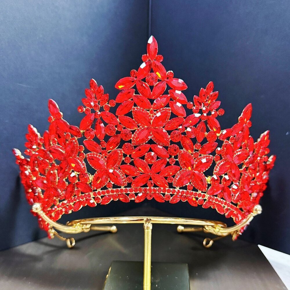 Quinceanera Crown, Red Crystal Crown, Crystal Bridal Tiara, Prom Gold Headdress